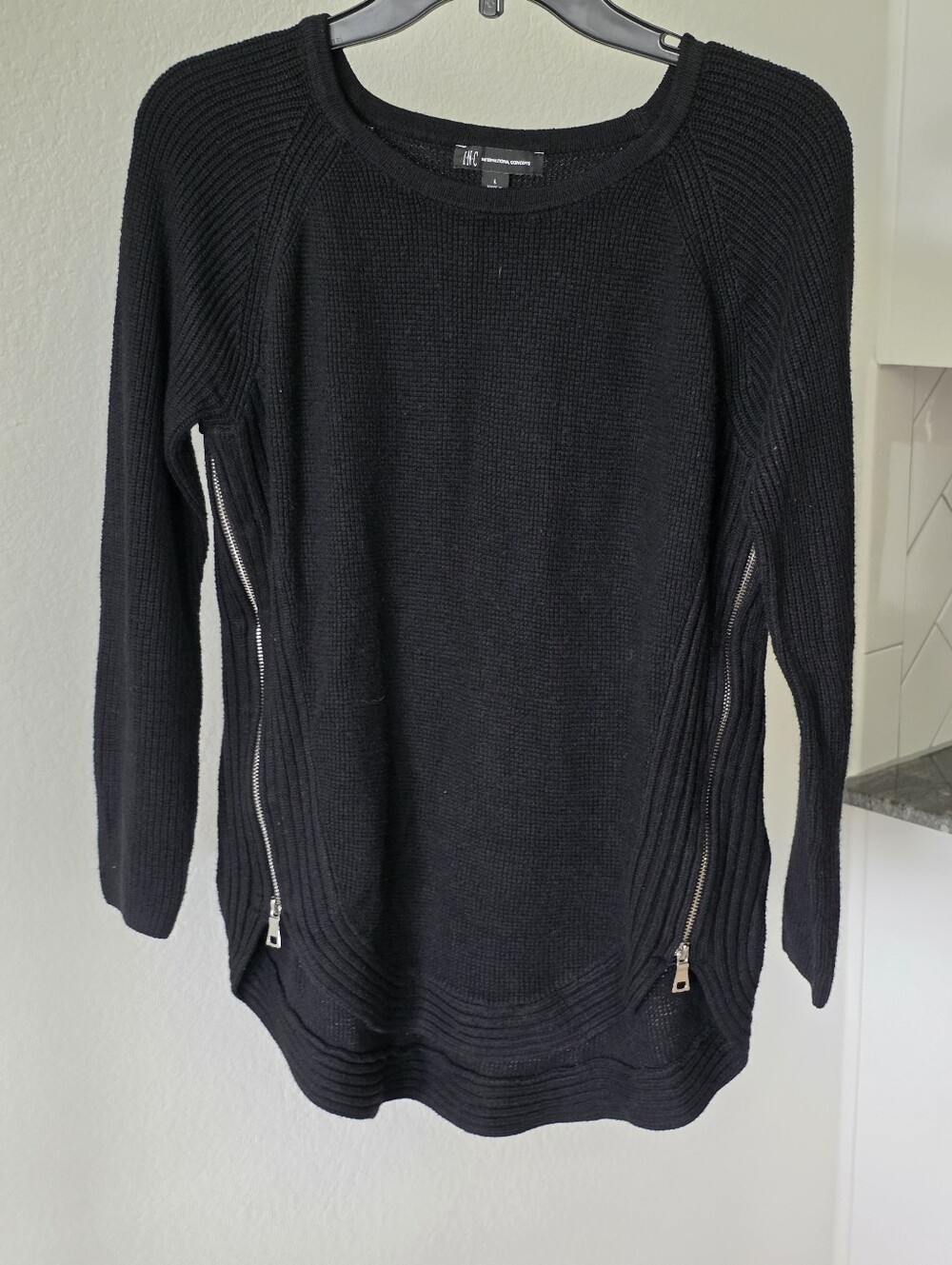 INC International Concepts Black Knit Sweater Women's Large Zip Side Tunic Top